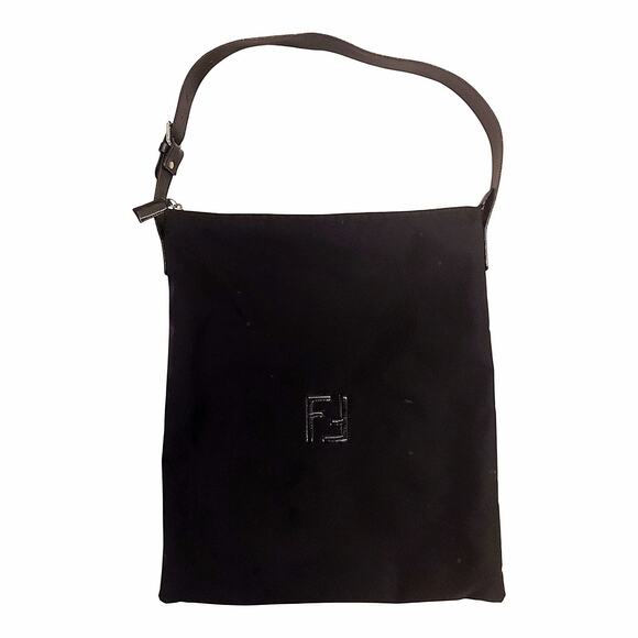 Fendi Zucca Shoulder Bag Black Nylon Canvas FF Logo Vintage - Picture 1 of 7